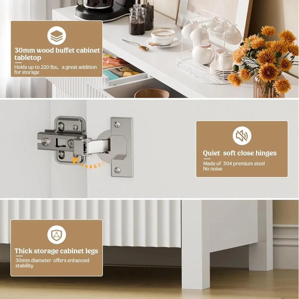 "White Fluted Storage Cabinet with Drawers – Buffet & Sideboard Design with Adjustable Shelves for Kitchen or Living Room"