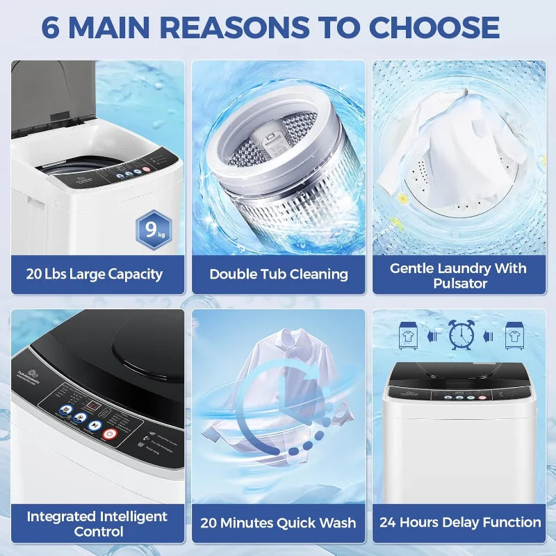 20Lbs Portable Washing Machine Portable Washer, 2.8 Cu. ft. Washer and Dryer Combo with Drain Pump, 10 Programs 8 Water