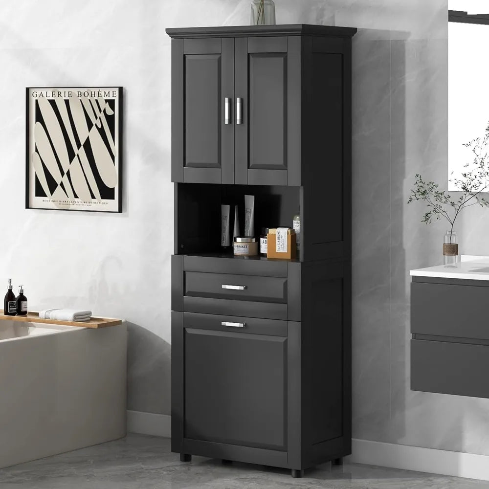 Laundry Cabinet with Tilt Out Laundry Hamper and Drawer, Wood Tall Bathroom Storage Cabinet with Doors and Adjustable Shelves