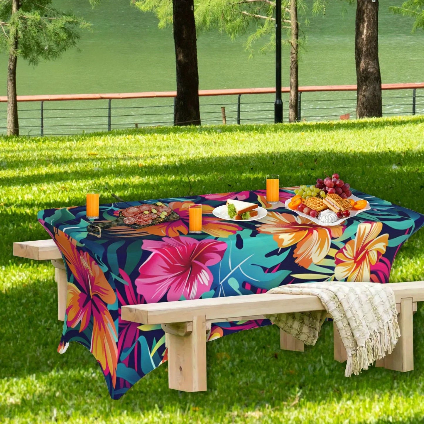2PCS Vibrant Tropical Print Stretchable Tablecloth - Wrinkle & Stain Resistant