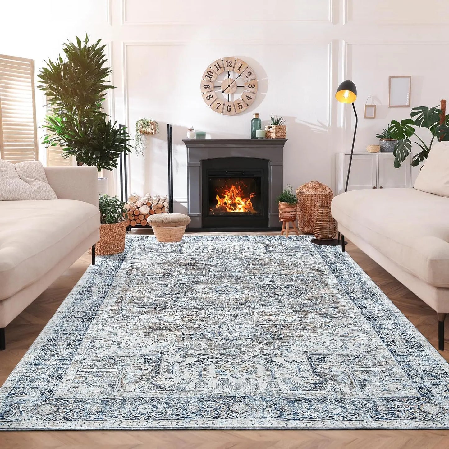 Faux Cashmere Vintage Printed Rug Area Rugs, Low Pile Rugs for Living Room Bedroom
