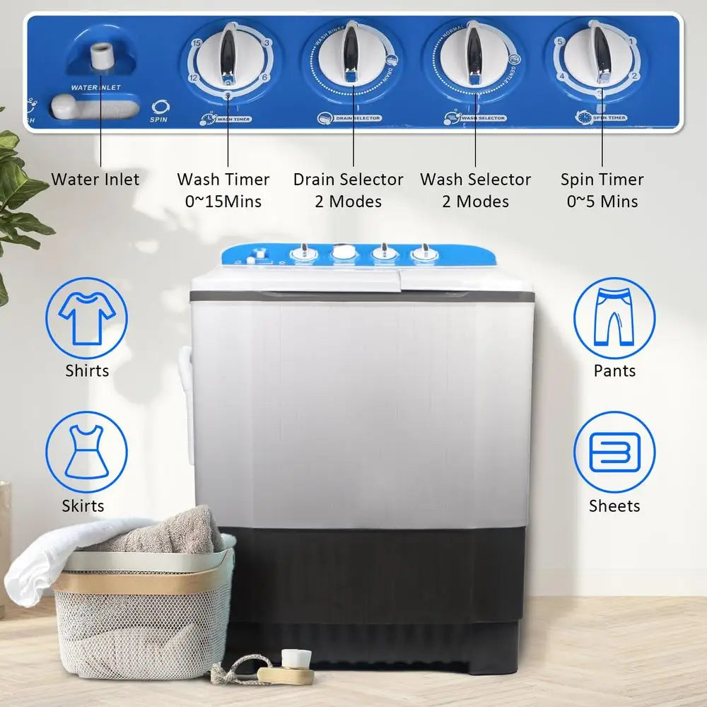 Portable 15.5lbs Washing Machine Semi Automatic Twin Tub Compact Laundry Washer Spin Dry Perfect Apartments Dorm RV