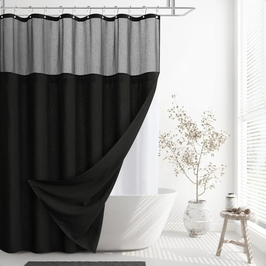 Black Linen Shower Curtain with Snap in Liner Set and Hooks Rustic Style Modern Farmhouse Shower Curtain Heavy Duty Burlap Clot