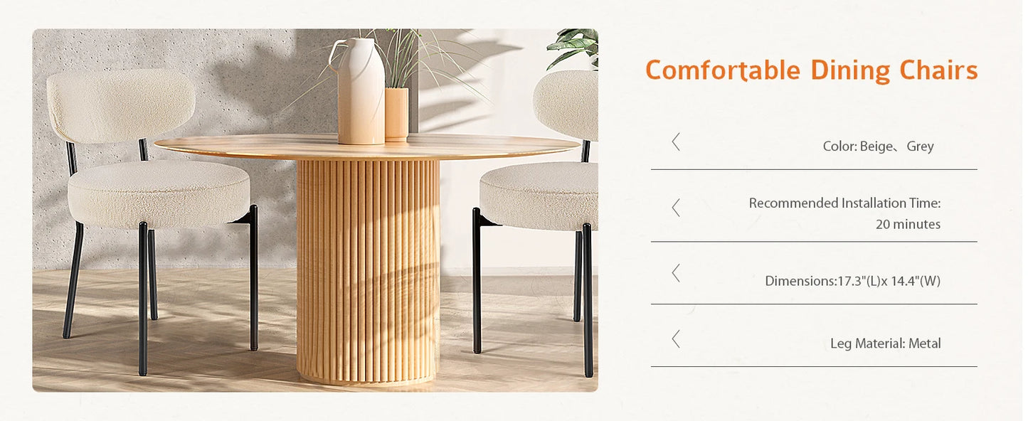 Ergonomic Round Dining Chairs Set of 2 Plush Fabric Kitchen Chairs with Curved Backrest Metal Legs