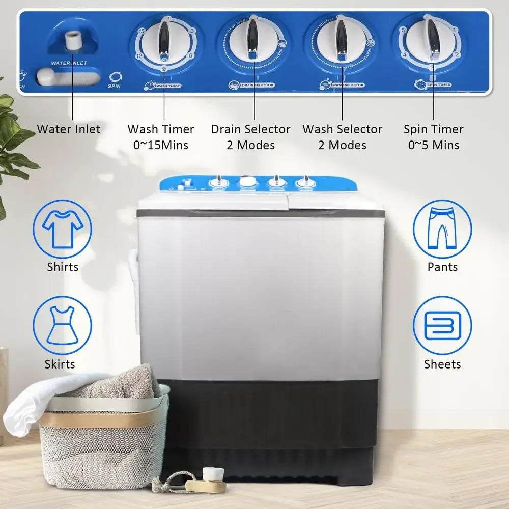 Portable 15.5lbs Washing Machine Semi Automatic Twin Tub Compact Laundry Washer Spin Dry Perfect Apartments Dorm RV