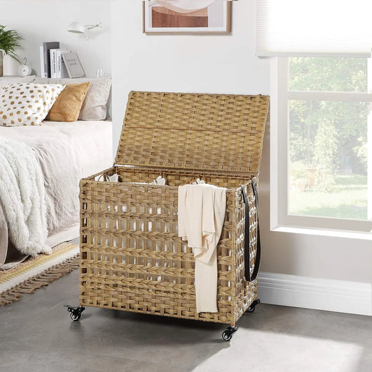 Laundry Hamper with Lid 140L Synthetic Rattan Laundry Basket with Wheels Clothes Hamper with 3Removable Liner Bags 3Section
