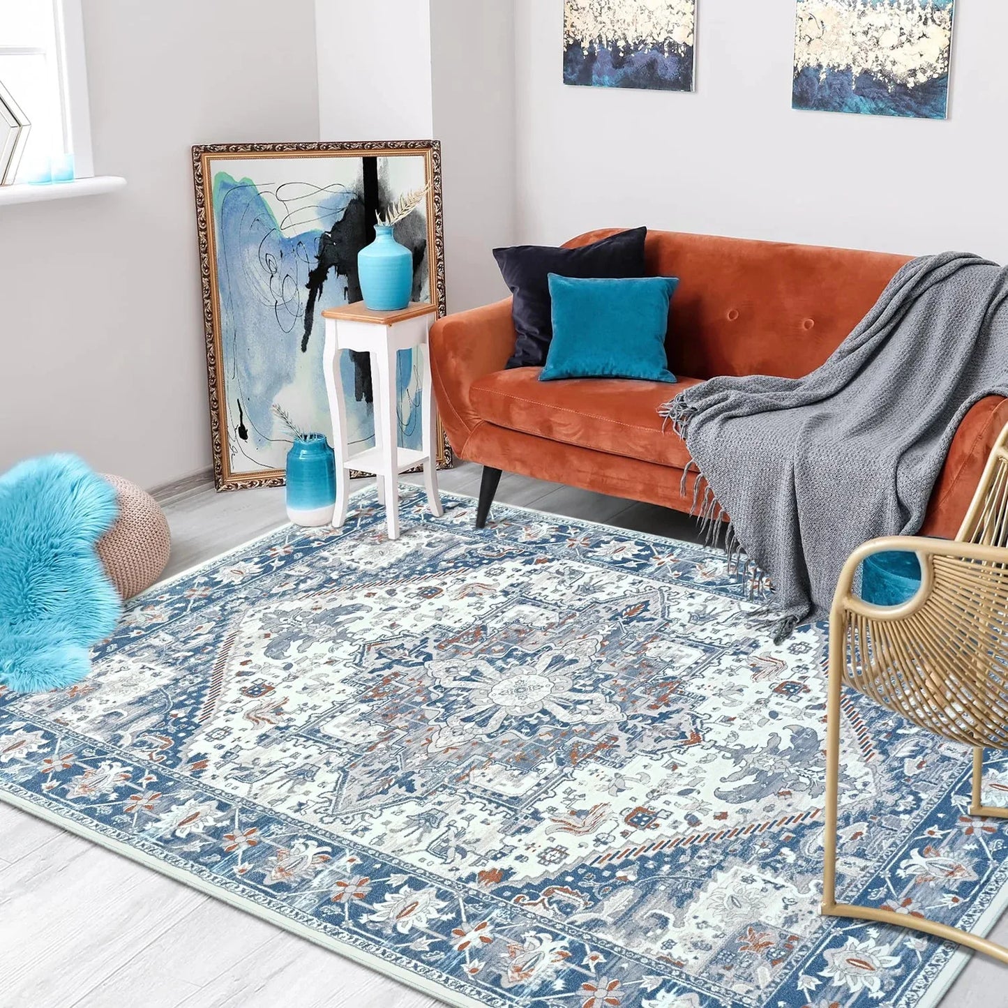 Faux Cashmere Vintage Floral  Soft Accent Area Rug, Low Pile for Living Room Bedroom