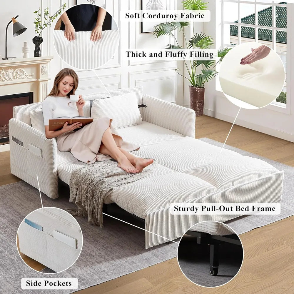 Queen Size Pull Out Couch Sleeper Sofa Bed, 3-in-1 Convertible Futon Couch for Living Room with Storage Pockets & Arm Pillows