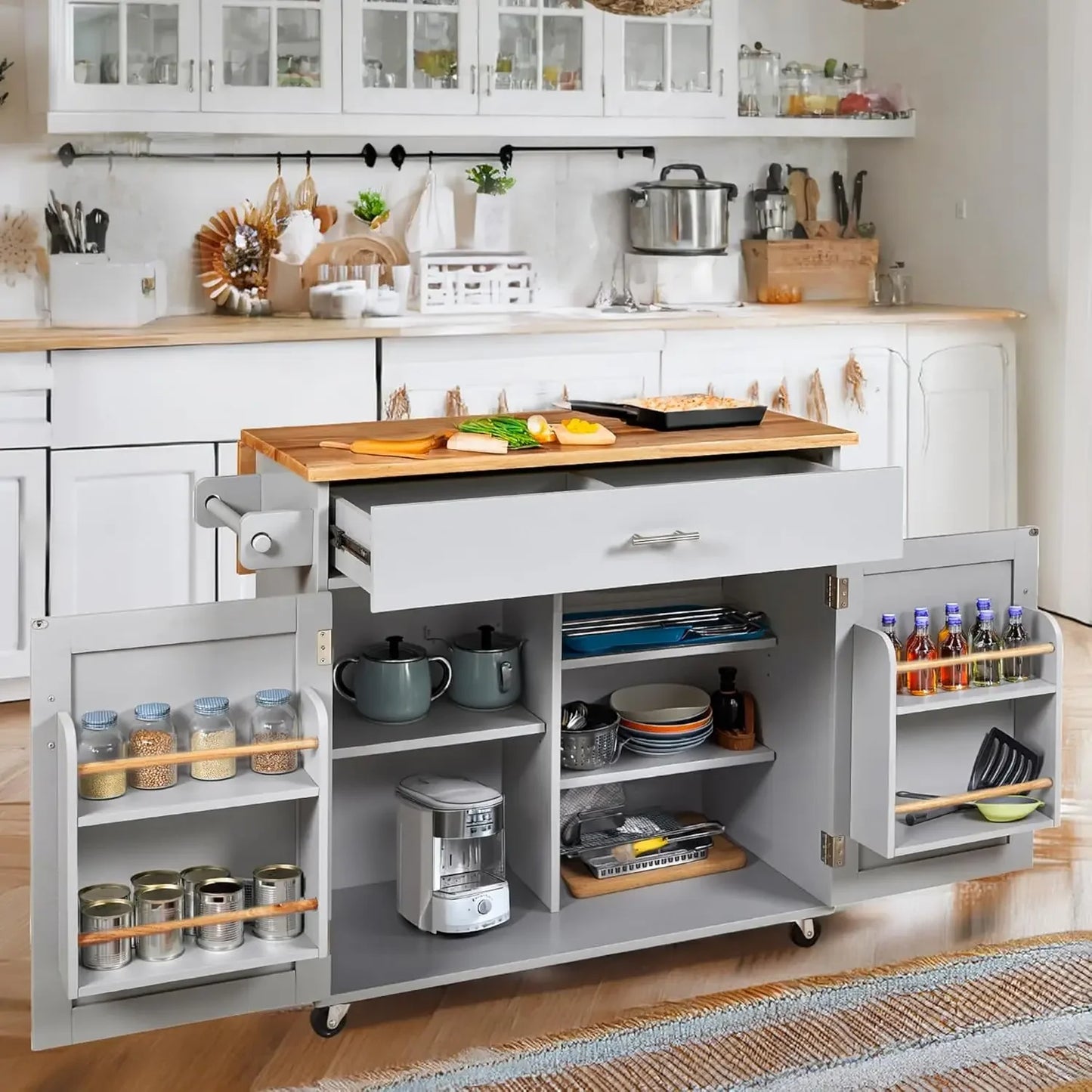 Small Kitchen Island Cart on Wheels with Drop Leaf Countertop, Mobile Kitchen Cat with Internal Storage Rack, Spacious Drawer