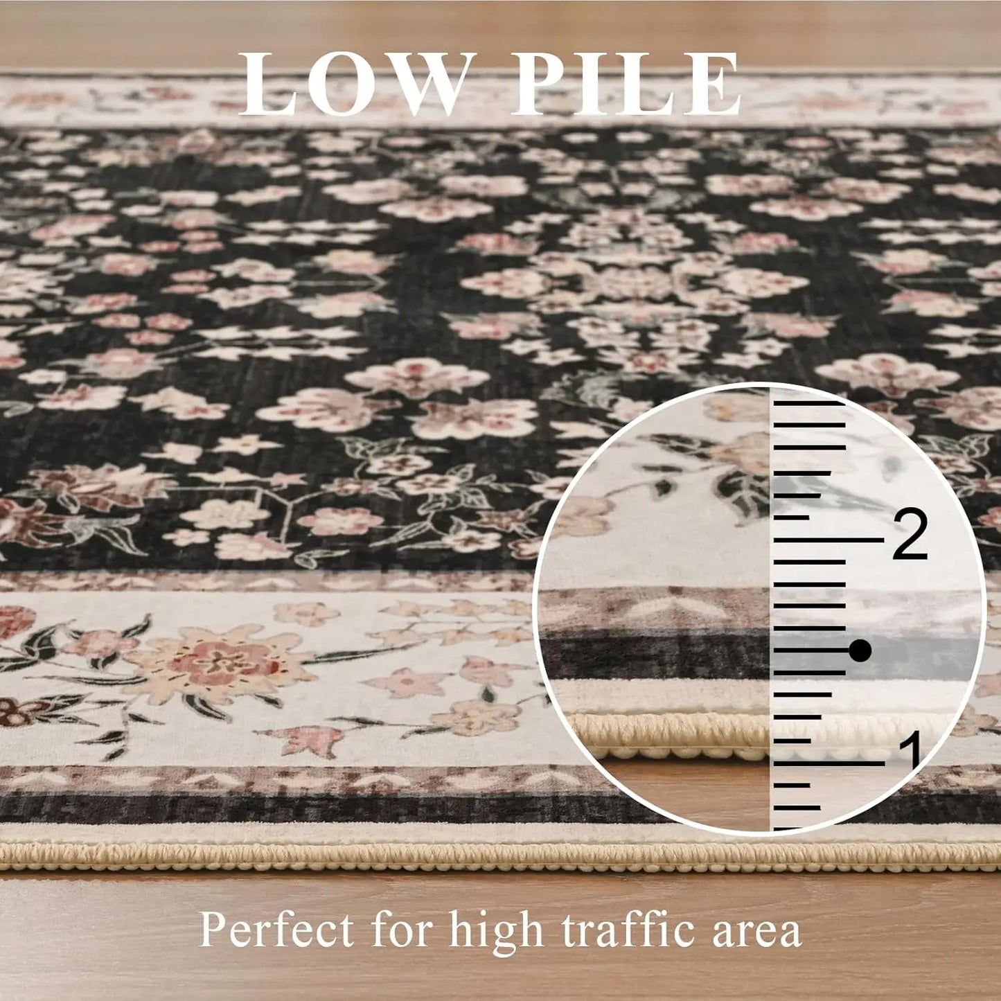 Washable Area Rugs for Living Room Bedroom Vintage Floral Print  Rug Soft Low Pile Non Slip