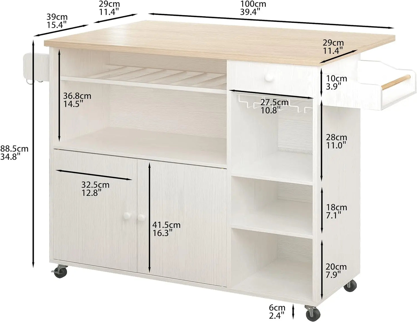 Rolling Kitchen Island Cart with Drop-Leaf & Wine Rack Drawer Shelves & Spice Rack, Microwave Rack Serving Cart on Wheels