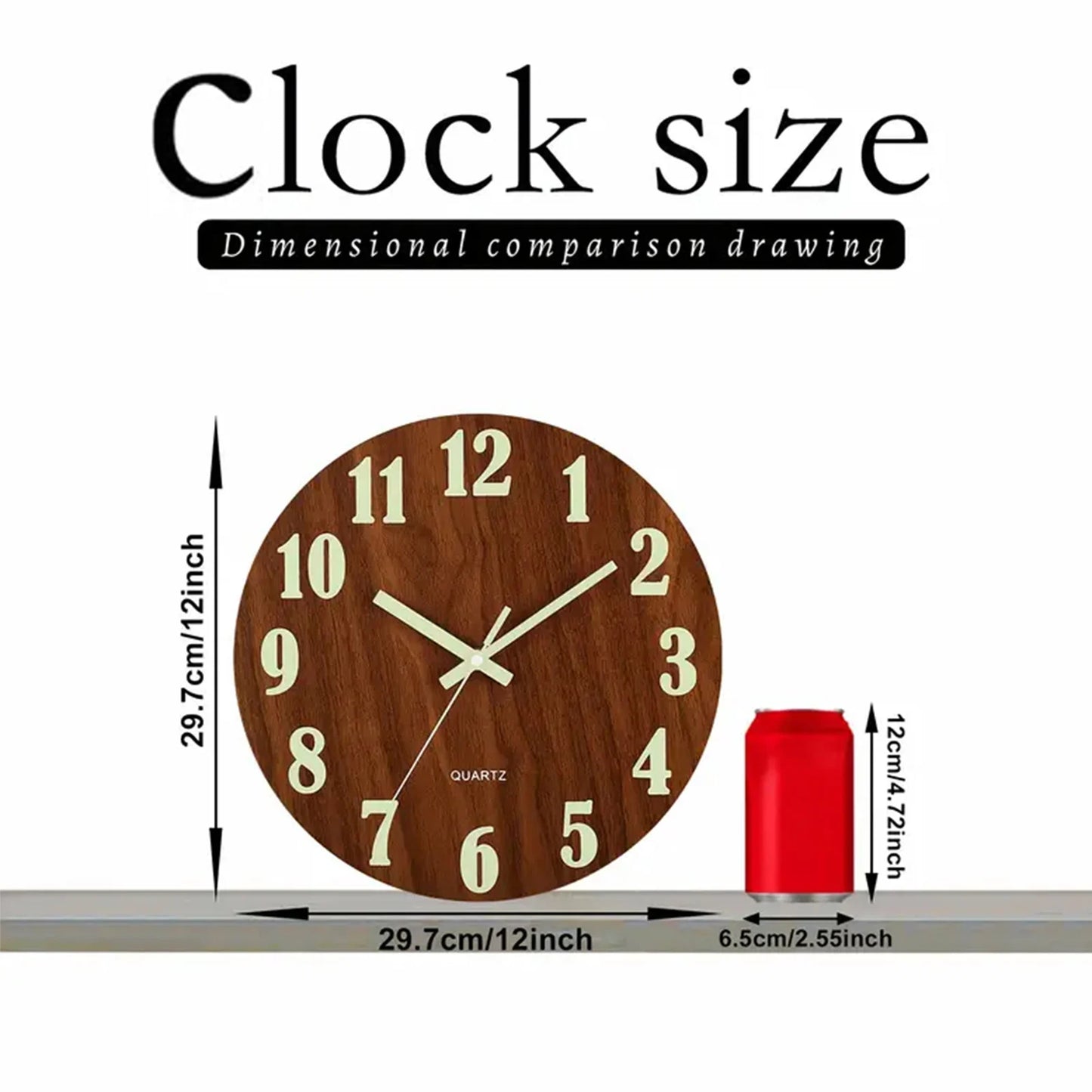 12 Inch Wooden Simple Luminous Wall Clock Silent Non Ticking Analog