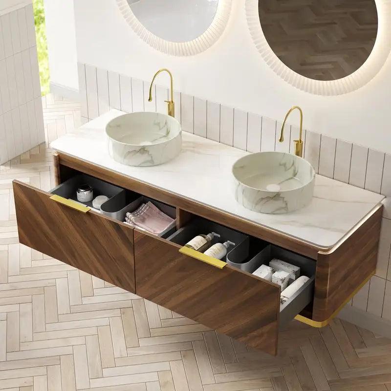 60" Bathroom Vanity with Sinks, Floating Plywood Storage Cabinet, 2 Drawers with Sensor Light, 2 Ceramic Vessel Basins