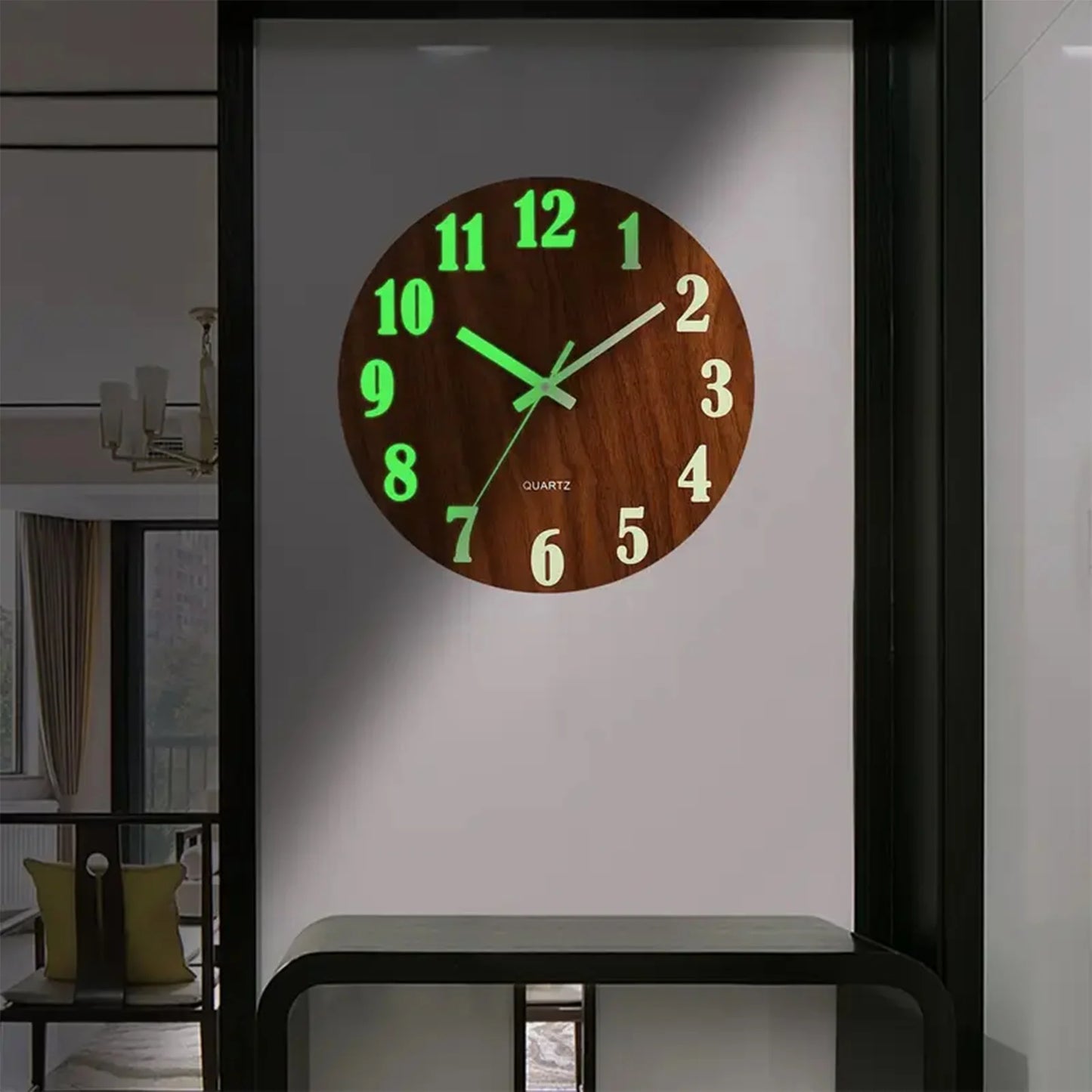 12 Inch Wooden Simple Luminous Wall Clock Silent Non Ticking Analog