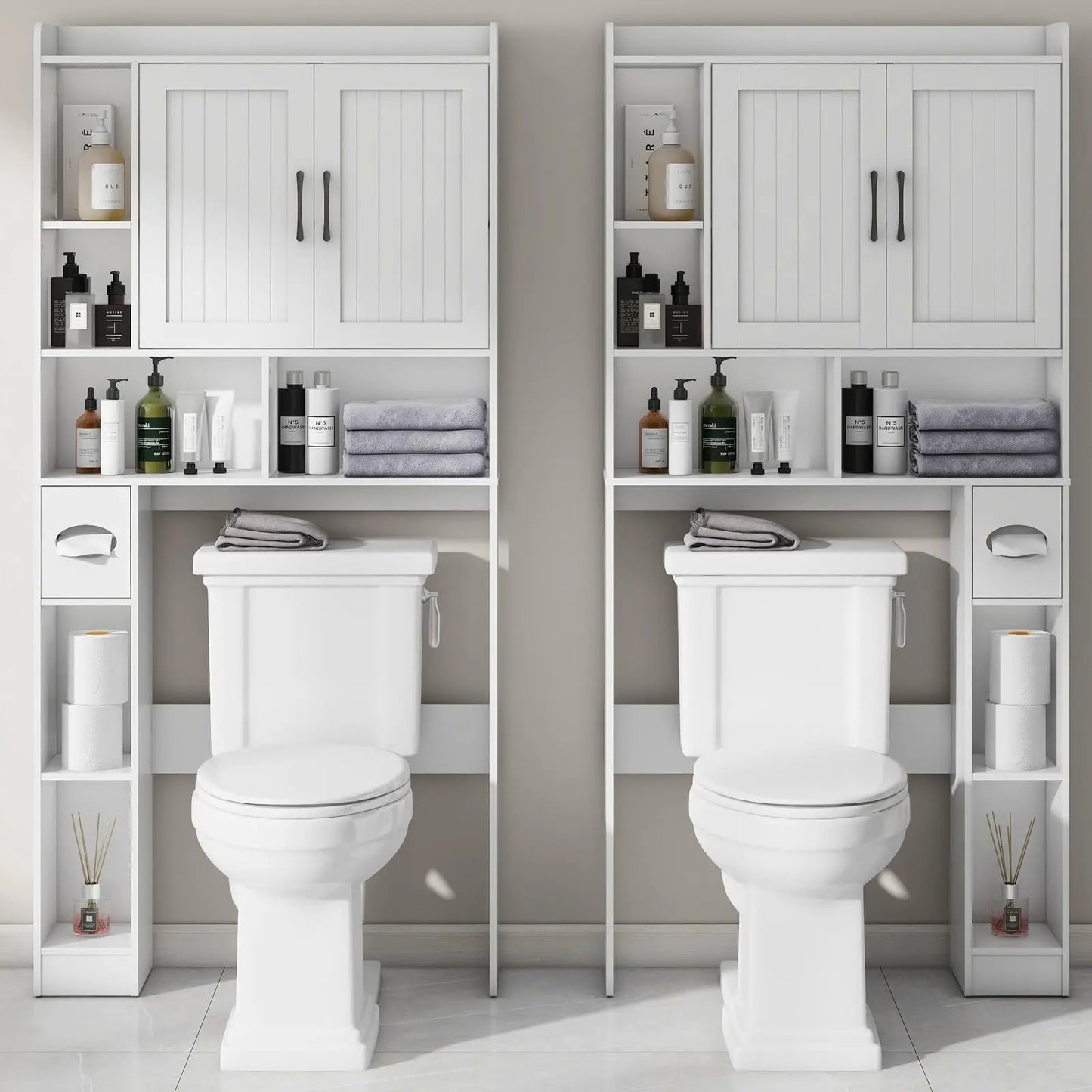 Bathroom Organizer Storage Wood Over The Toilet Storage Cabinet with Barn Doors &Toilet Paper Stand 67'' Tall Toilet Rack