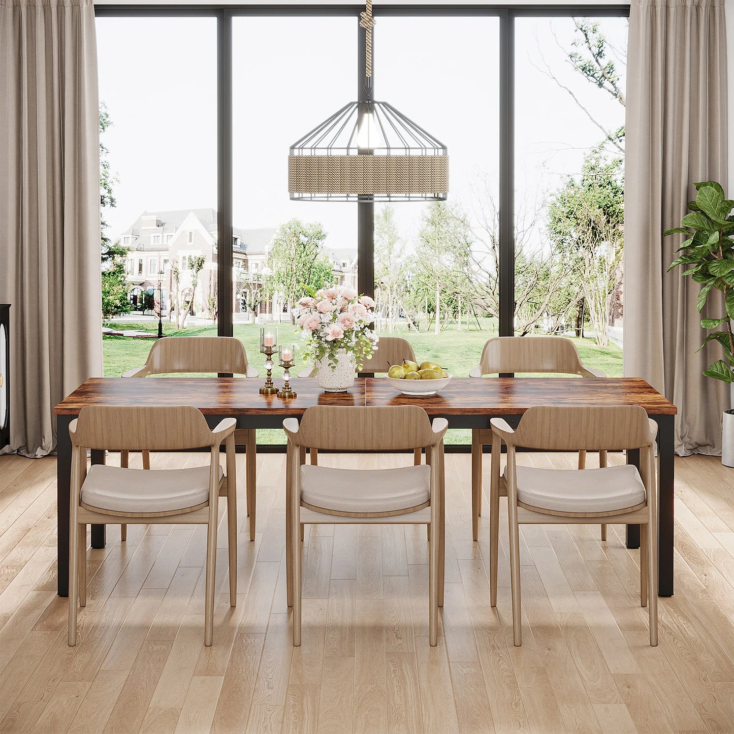 Dining Table for 6-8 People, 200cm Large Narrow Long Rectangular Kitchen Dinner Table, Rustic Wood Dining Table