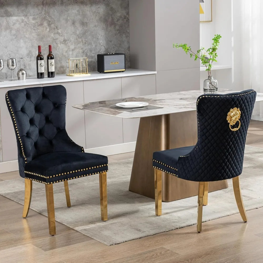 Velvet Dining Chairs Set of 2,  Dining Room Chairs with Gold Metal Legs and Lion Head Pull Ring