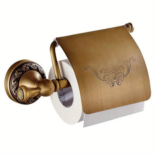 Vintage Wall Mounted Single Roll Brass Tissue Dispenser, Antique Carving Toilet Paper Holder with Cover for Bathroom Decor