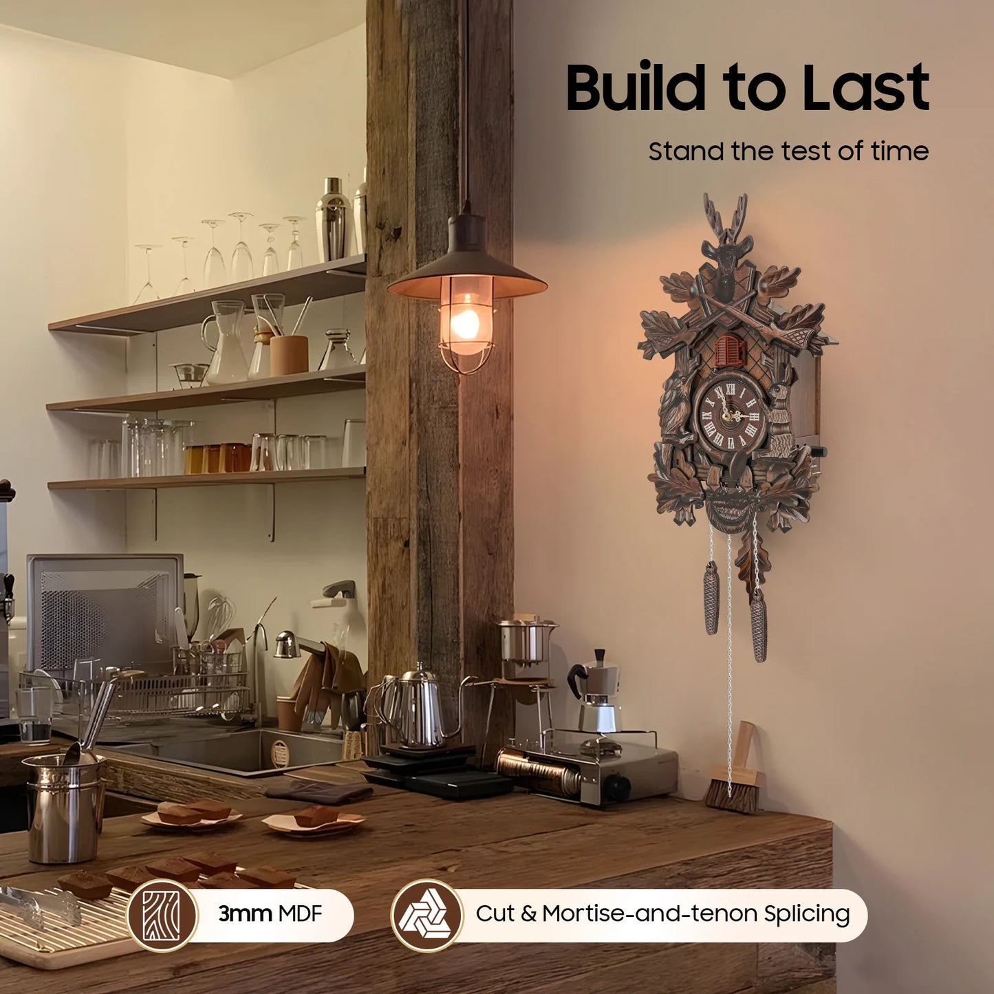Wooden Cuckoo Clock with Pendulum Bird Automatic Chiming for Living Room Kitchen Office Wall Silent Quartz Movement