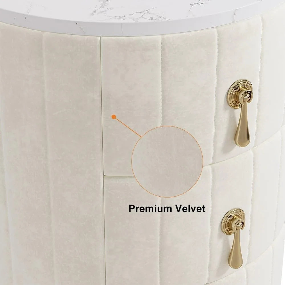 White Velvet Nightstand with Storage, Round Bedside Table with 3 Drawers, Stone Top Night Table for Bedroom