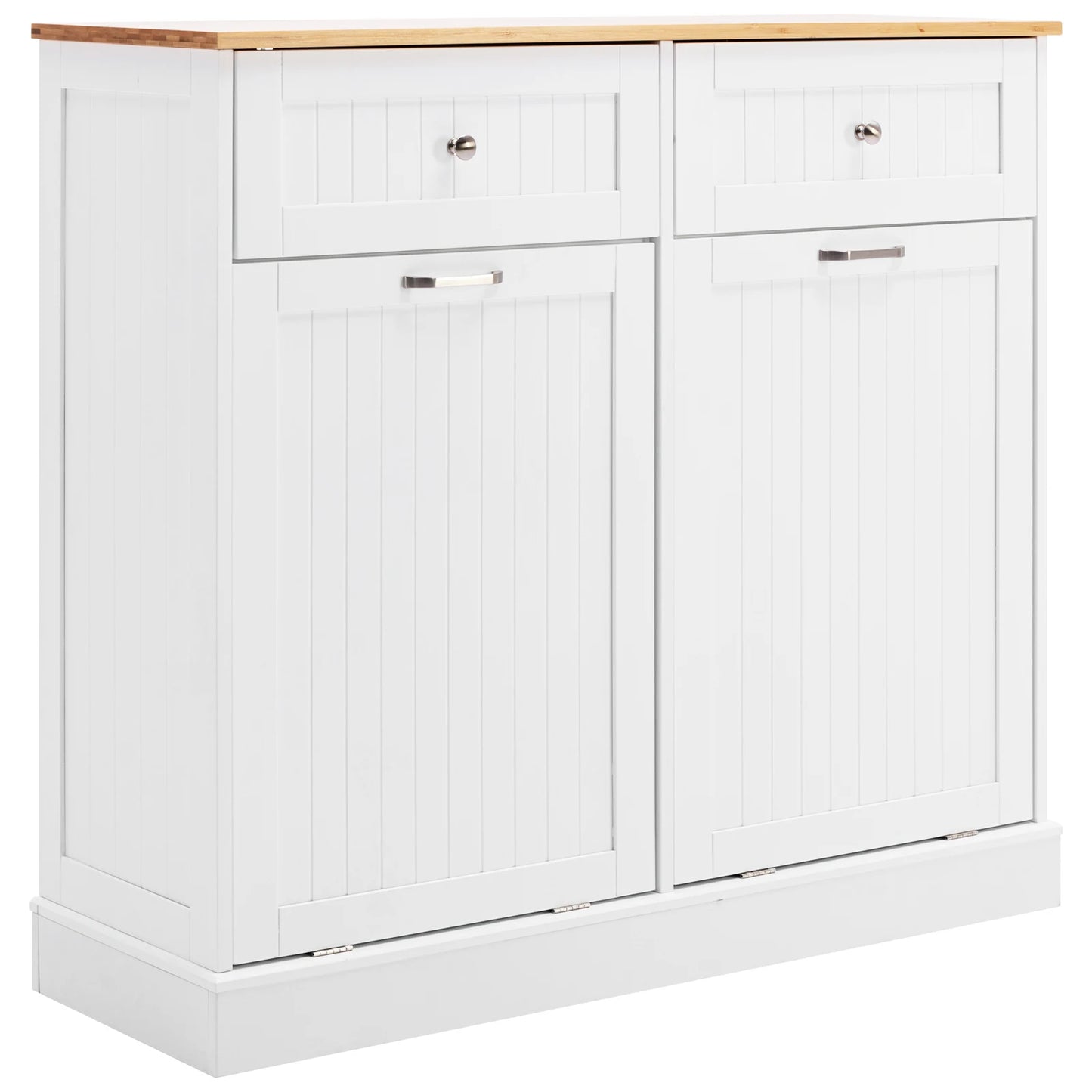 Double Tilt Out Trash Cabinet 20 Gallon, Freestanding Wooden Kitchen Trash Recycling Cabinet with Drawer & Removable Cutting Boa