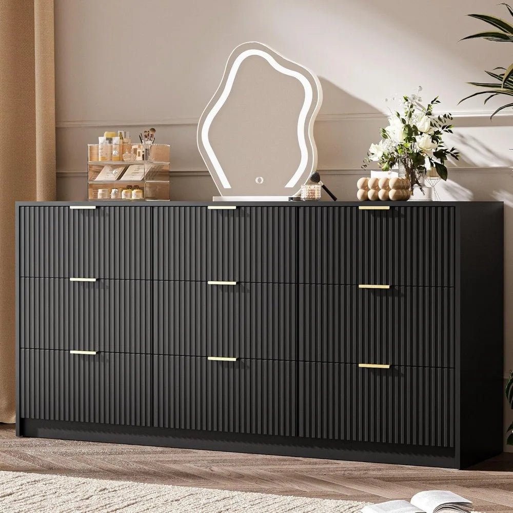 Black Dresser for Bedroom, 9 Drawer, Modern Chest of Drawers
