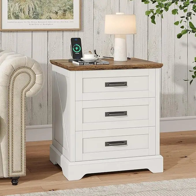 Farmhouse Nightstand with Charging Station, 3 Drawers Bedside Table