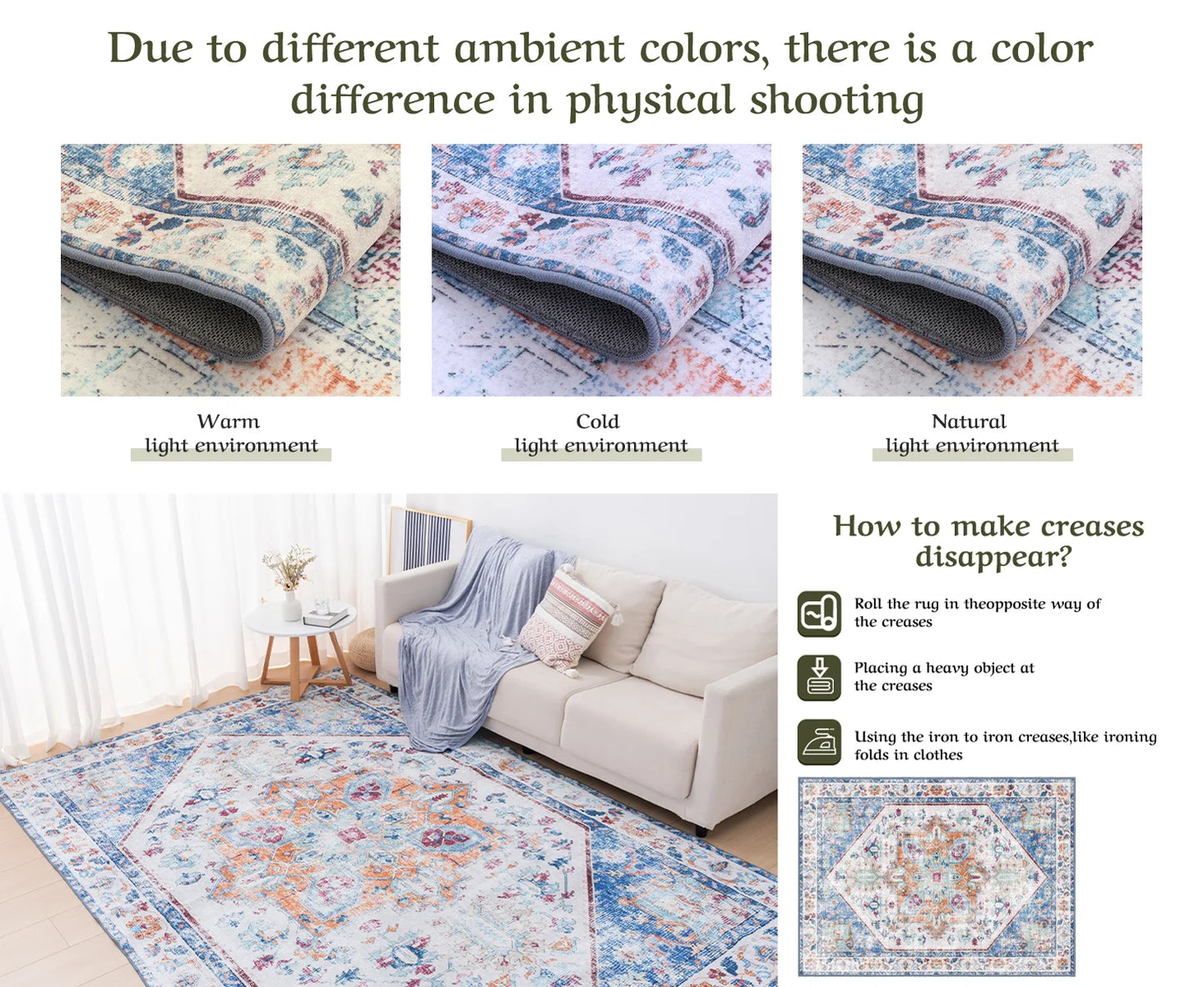 Washable Area Rug 8x10 - Stain Resistant Vintage Design for Living Room, Non-Slip Foldable Carpet for Bedroom