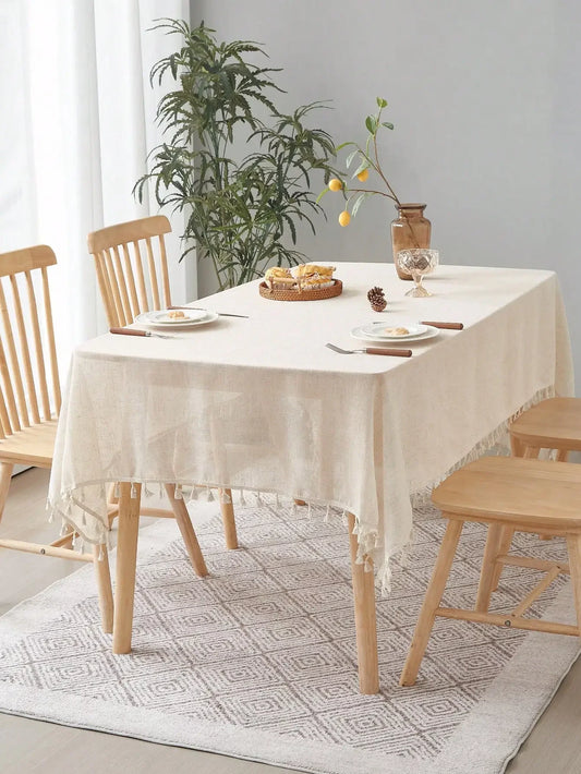 Beige linen square tablecloth, retro countryside style, kitchen living room coffee table