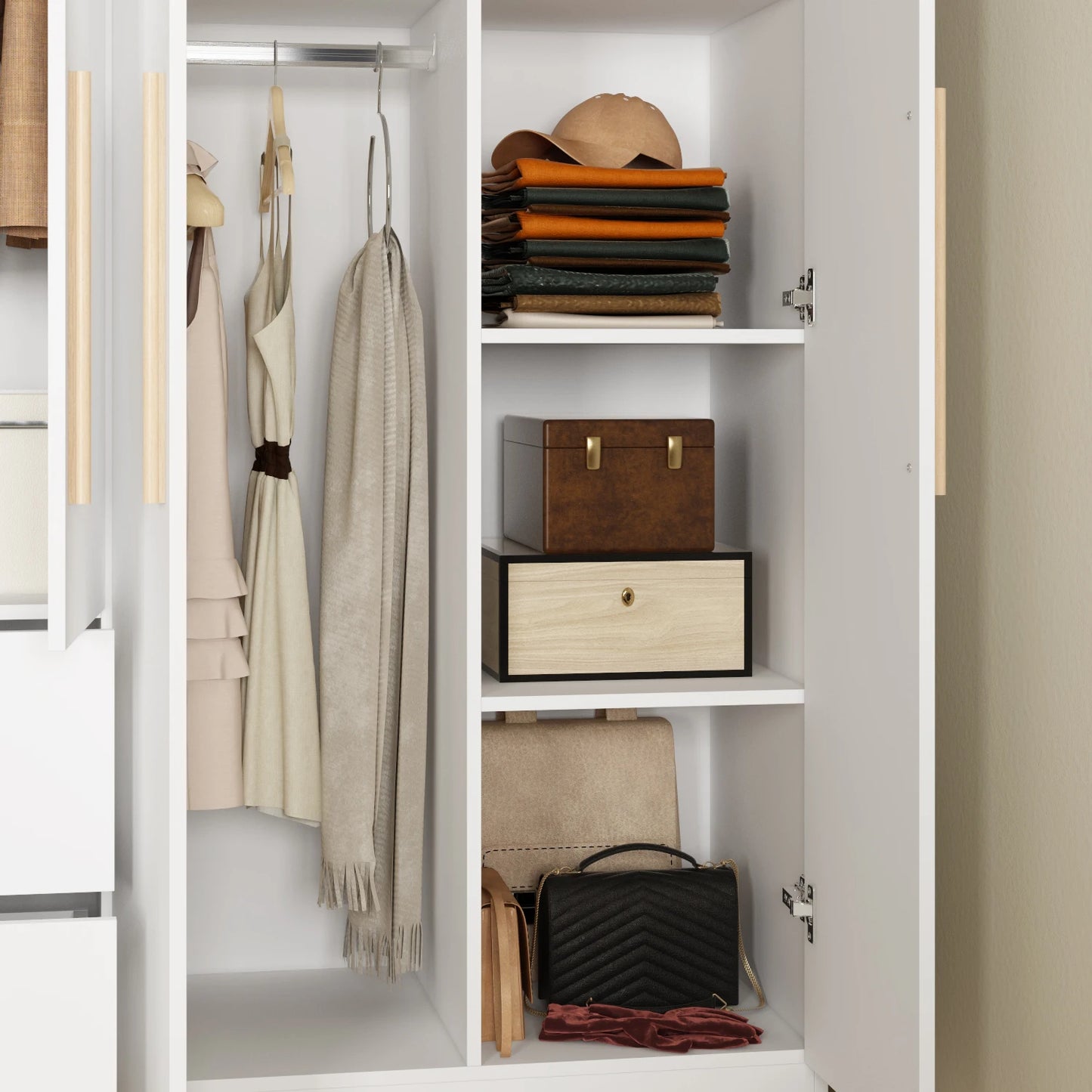 Modern Wardrobe Armoire Closet with 2 Drawers, 6 Storage Cubes & 2 Hanging Rods