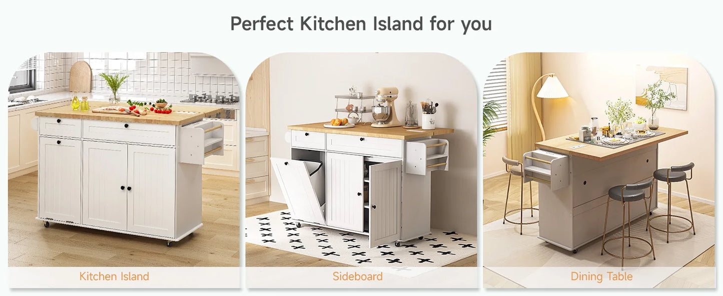 60" Mobile Kitchen Islands Rolling Trolleys Kitchen Island Table Drop Leaf Home Carts with Power Outlet Spice Towel Rack Trash