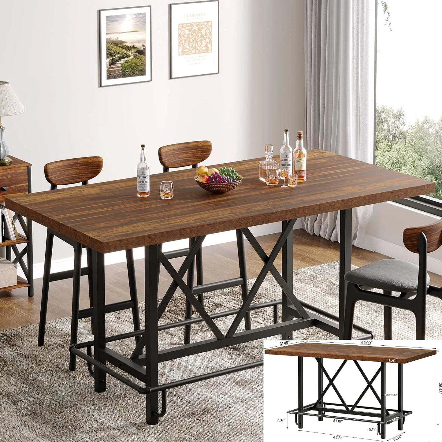 63-inch Dining Table for 4-6, Farmhouse Kitchen Table with Large Tabletop, Rectangular