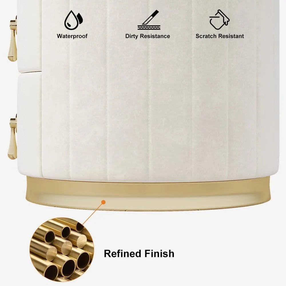 White Velvet Nightstand with Storage, Round Bedside Table with 3 Drawers, Stone Top Night Table for Bedroom