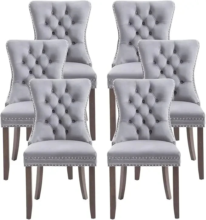 Leather Dining Chairs Set of 6, Upholstered Dining Room Chair with Nail head Trim and Solid Wood Legs, Luxury Wingback