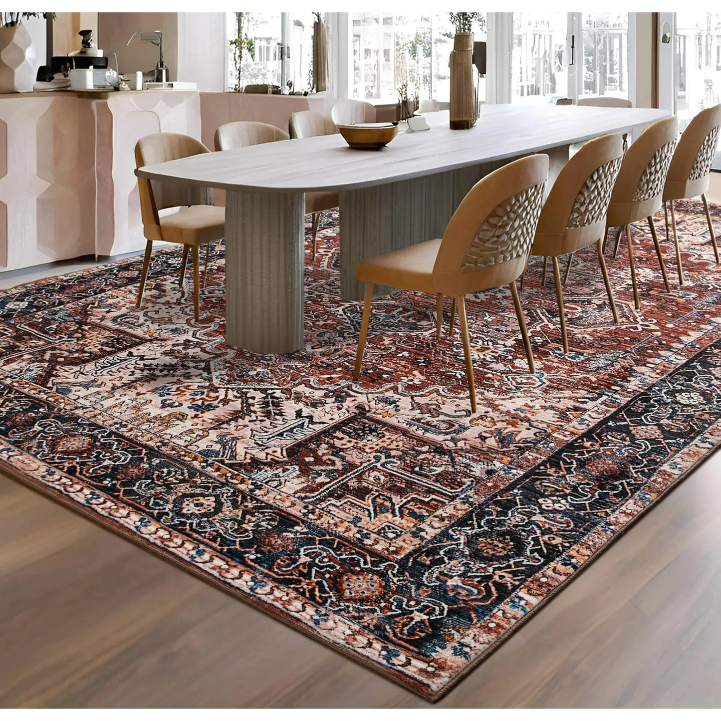 Faux Cashmere Vintage Printed Rug Area Rugs, Low Pile Rugs for Living Room Bedroom