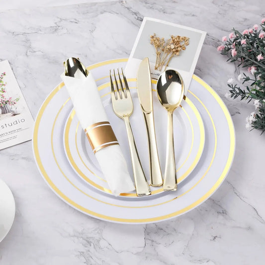 350PCS Gold Plastic Dinnerware Set, Disposable Party Plates for 50 Guests, Include: 100 Plastic Plates, 50 Pre Rolled Napkins