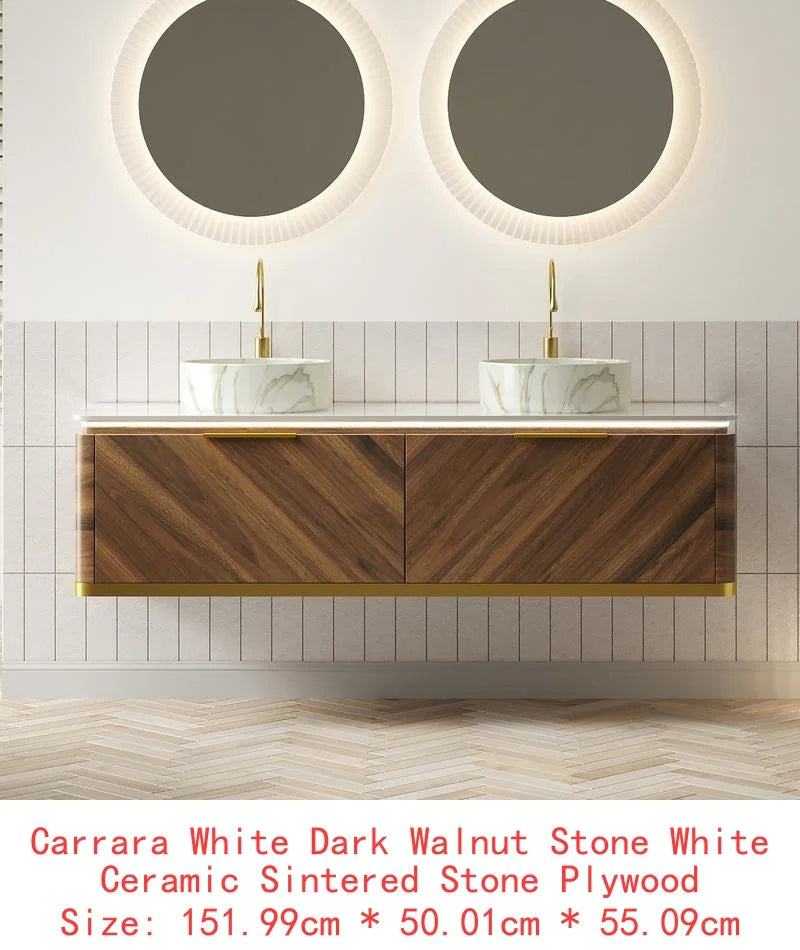 60" Bathroom Vanity with Sinks, Floating Plywood Storage Cabinet, 2 Drawers with Sensor Light, 2 Ceramic Vessel Basins