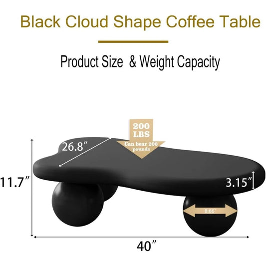 40" Black Modern Coffee Table Cloud Shape Low Center Table with 3 Ball Legs Cute Irregular Indoor Tea Table for Living Room