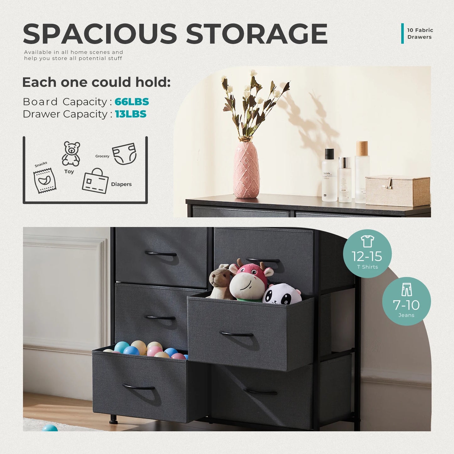 Bedside Table For Bedroom With 10 Fabric Drawers Nightstand Storage Cabinet With Steel Frame