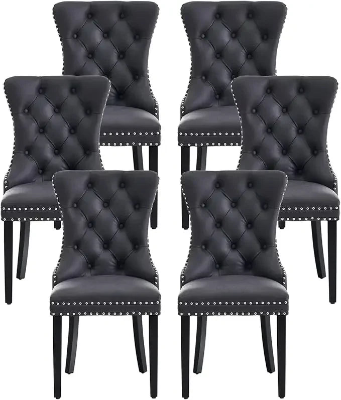 Leather Dining Chairs Set of 6, Upholstered Dining Room Chair with Nail head Trim and Solid Wood Legs, Luxury Wingback