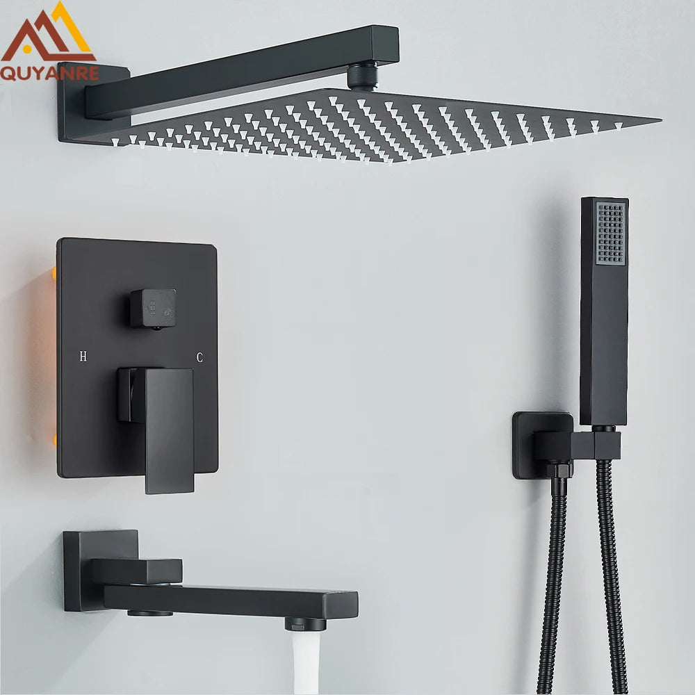 Black Concealed Shower System Rain Waterfall Bathroom Embedded Shower Faucet Set with Tub Spout