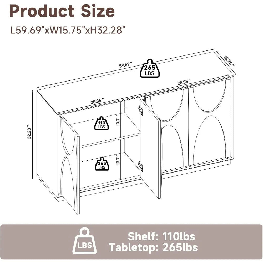 59" Sideboard Buffet Cabinet Retro Accent Storage Cabinet with Magnetic Door Latches Adjustable Shelf for Living Room Kitchen