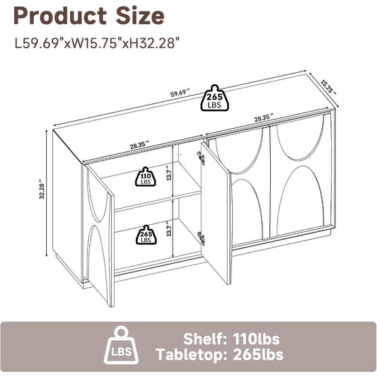 59" Sideboard Buffet Cabinet Retro Accent Storage Cabinet with Magnetic Door Latches Adjustable Shelf for Living Room Kitchen