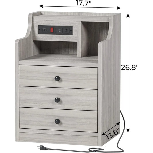 Nightstand with Charging Station,  with Hutch & Storage Drawers