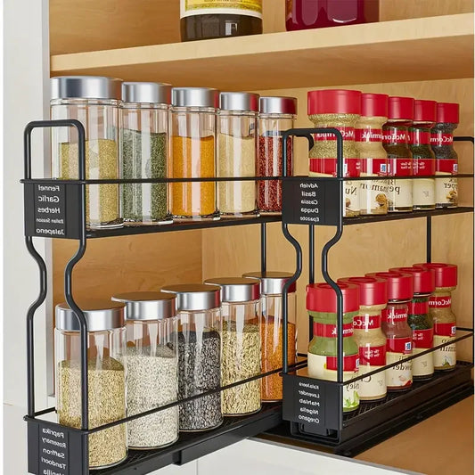 2-Tier Spice Rack Slide Out Wire Basket Drawer Organizer, Black