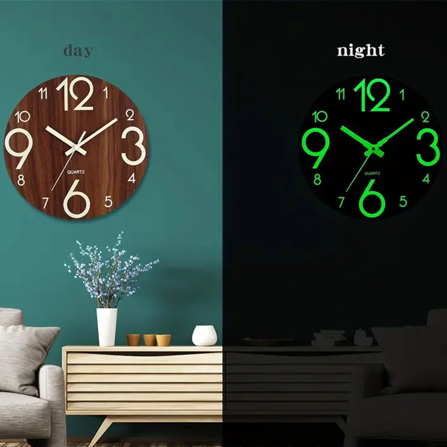 12 Inch Wooden Simple Luminous Wall Clock Silent Non Ticking Analog