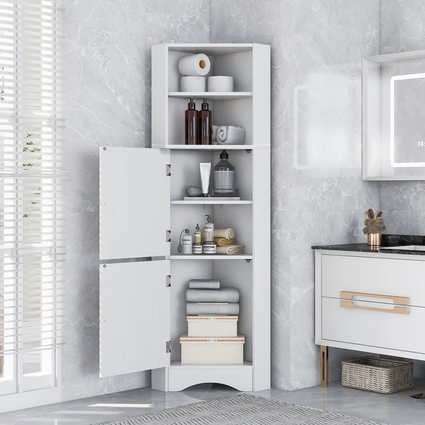 Tall Bathroom Corner Cabinet, Freestanding Storage Cabinet with Doors and Adjustable Shelves