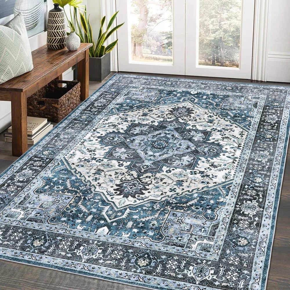 Washable Area Rugs 8x10 Living Room Rug Vintage Medallion  Soft Floor Cover Low Pile Non-Slip