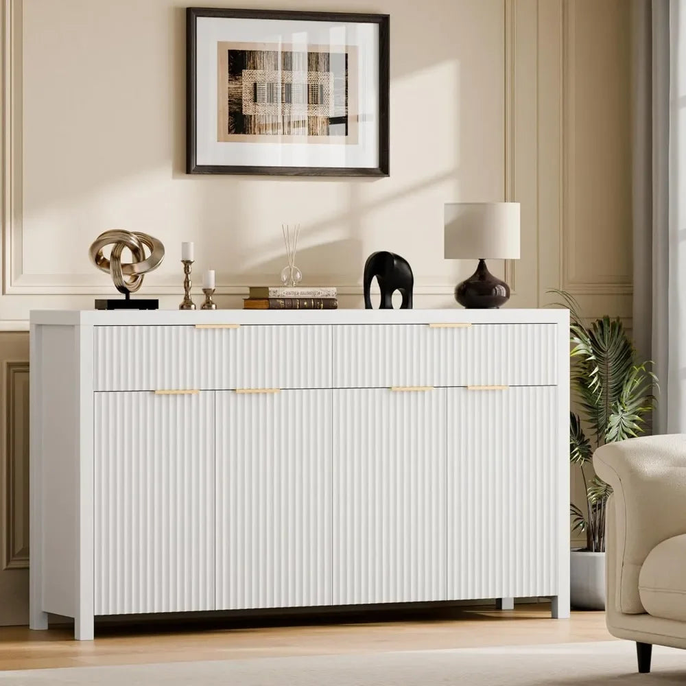 "White Fluted Storage Cabinet with Drawers – Buffet & Sideboard Design with Adjustable Shelves for Kitchen or Living Room"