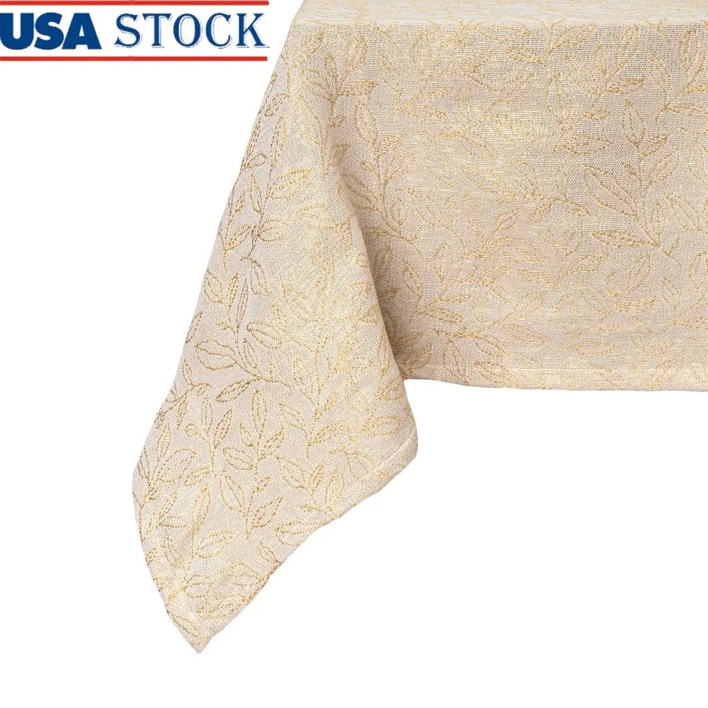 Elegant 84 Inch Rectangular Tablecloth with Gold Leaf Design Waterproof Fabric Ideal Dining Protection and Decoration